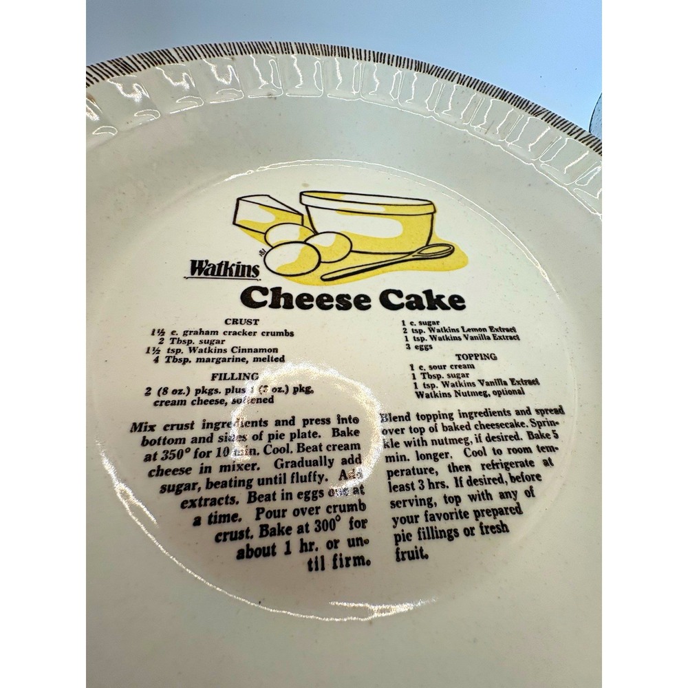 Watkins Cheese Cake Recipe Round Ceramic Pie Dish White/Brown Rim Oven Safe 1981